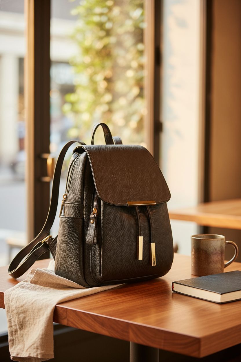 KKXIU black leather backpack purse resting on a cozy café table, exuding elegance.