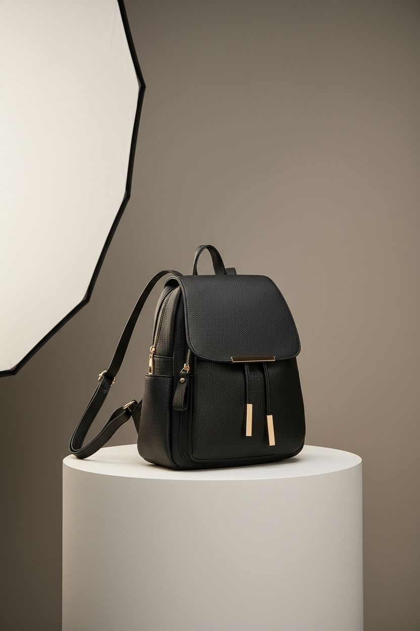 KKXIU trendy black backpack purse displayed in a minimal studio, highlighting its craftsmanship.