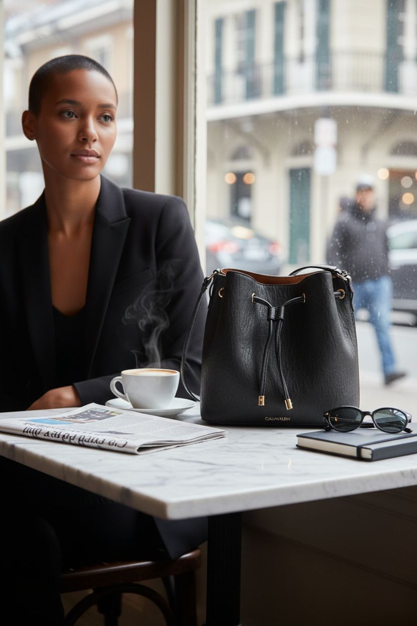 Calvin Klein black designer purse at a café, showcasing its elegant design and gold accents.