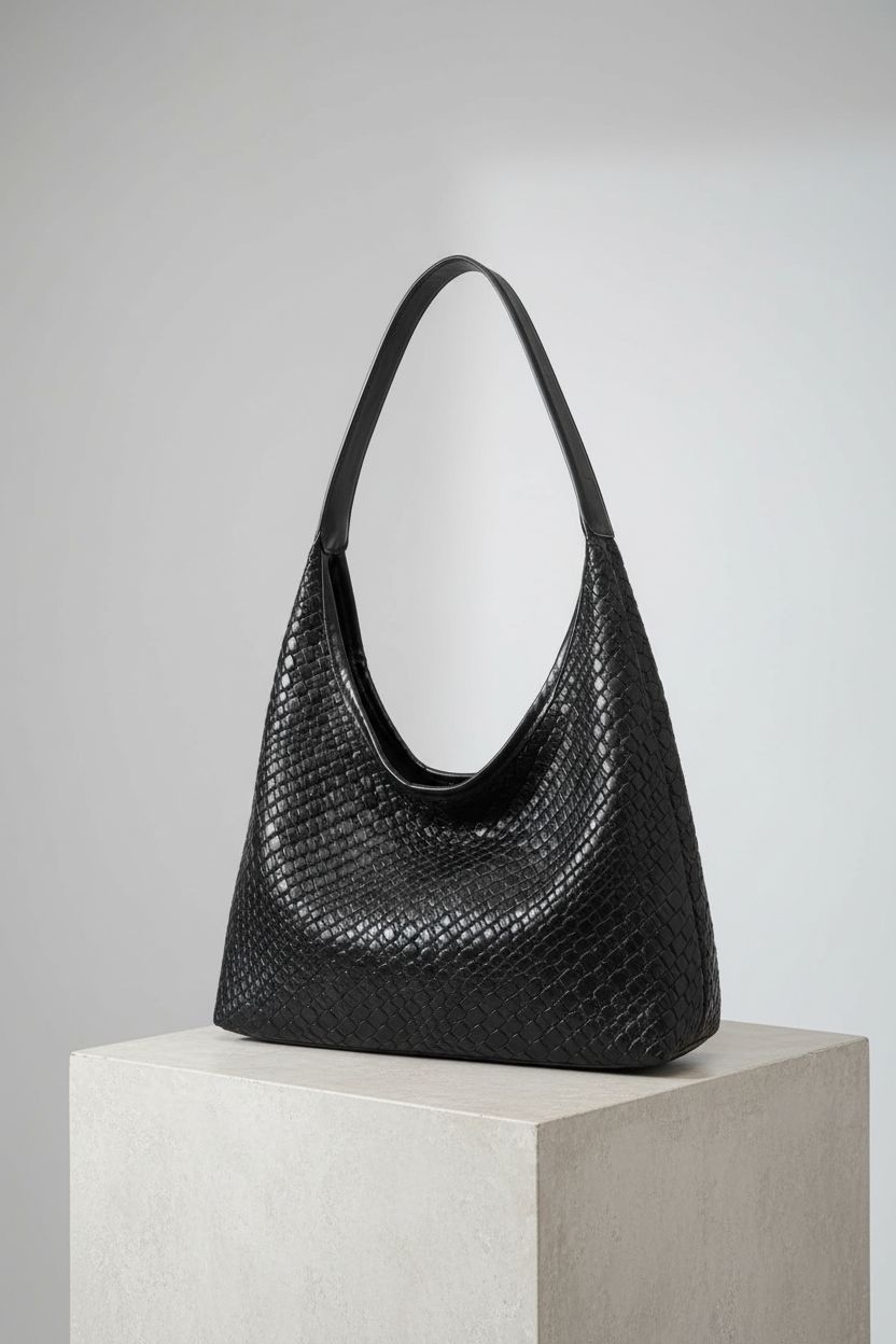 Amszke black woven hobo bag showcased on a stone plinth against a light-grey backdrop