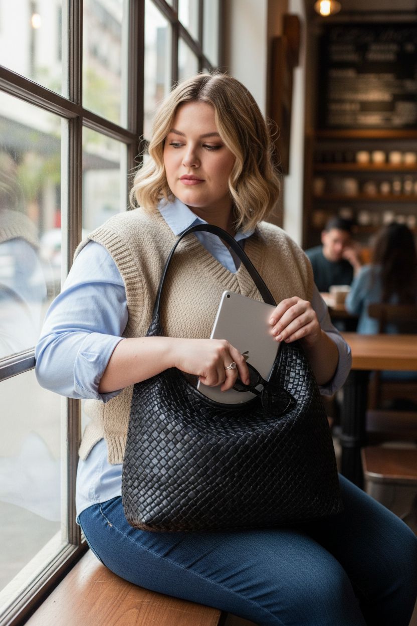 Amszke black hobo bag resting on a cozy café window seat with a tablet and sunglasses
