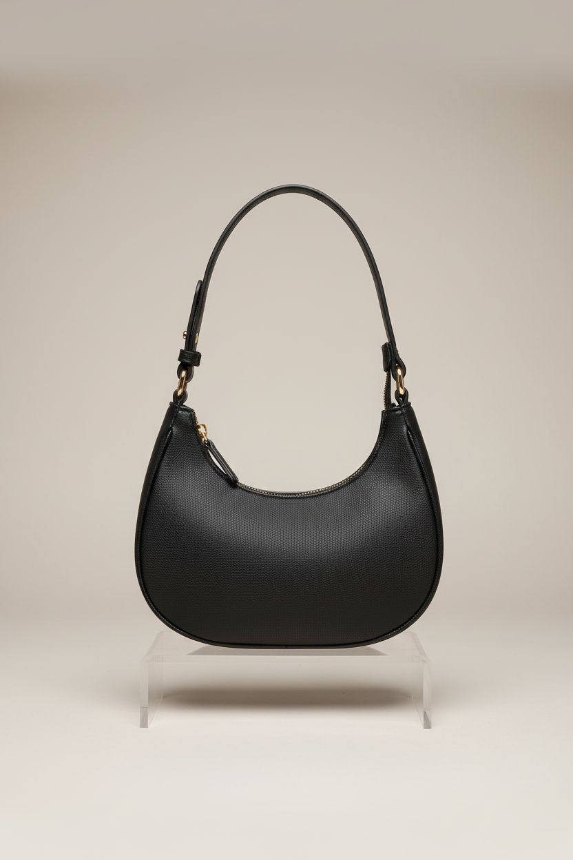 FashionPuzzle small crescent purse displayed on a studio set, emphasizing its sleek design and gold details.