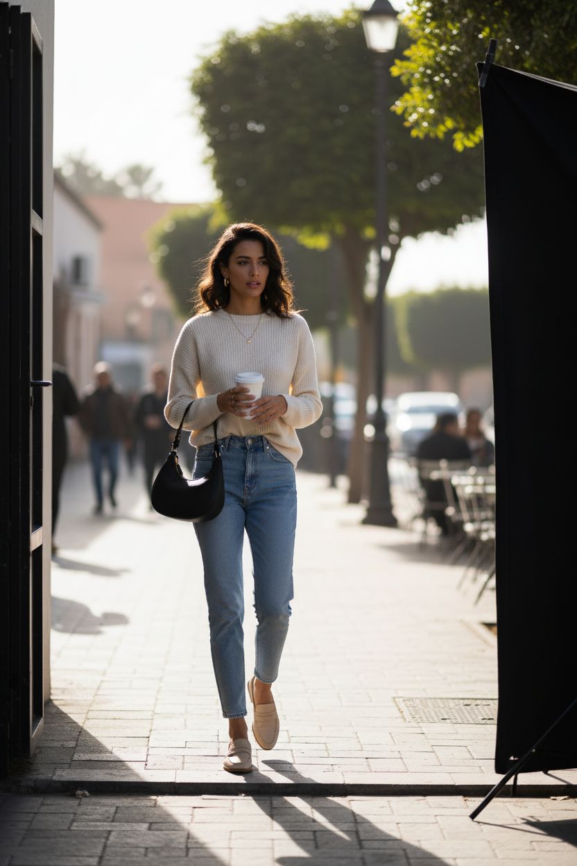 FashionPuzzle black crescent purse underarm, perfect for sunny days at a café.