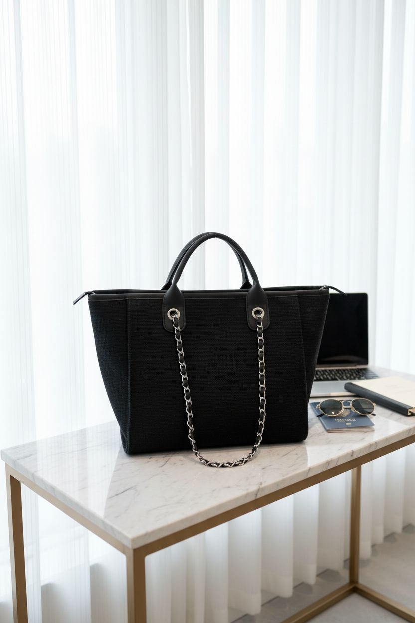 Elegant black Busnos tote bag on a marble surface with travel essentials, perfect for work