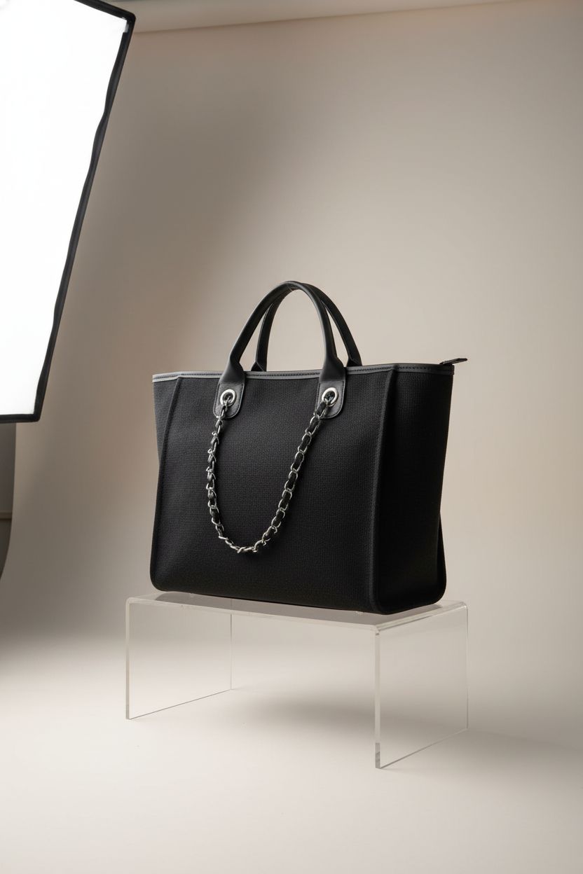 Product shot of the black Busnos tote bag highlighting its design and craftsmanship