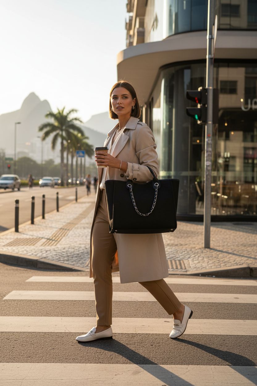 Black Busnos tote bag on shoulder, highlighting style in bright morning light