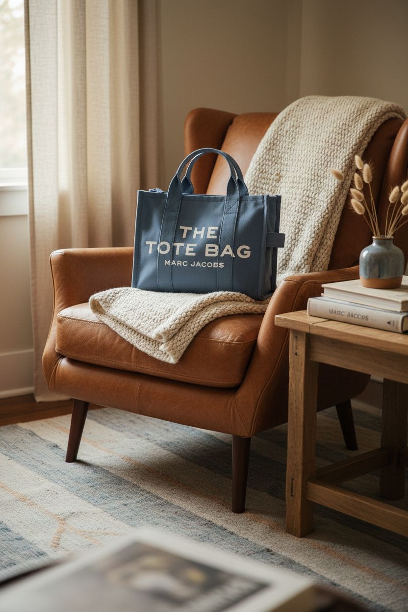 Marc Jacobs Blue Shadow tote on a leather chair in a cozy reading nook