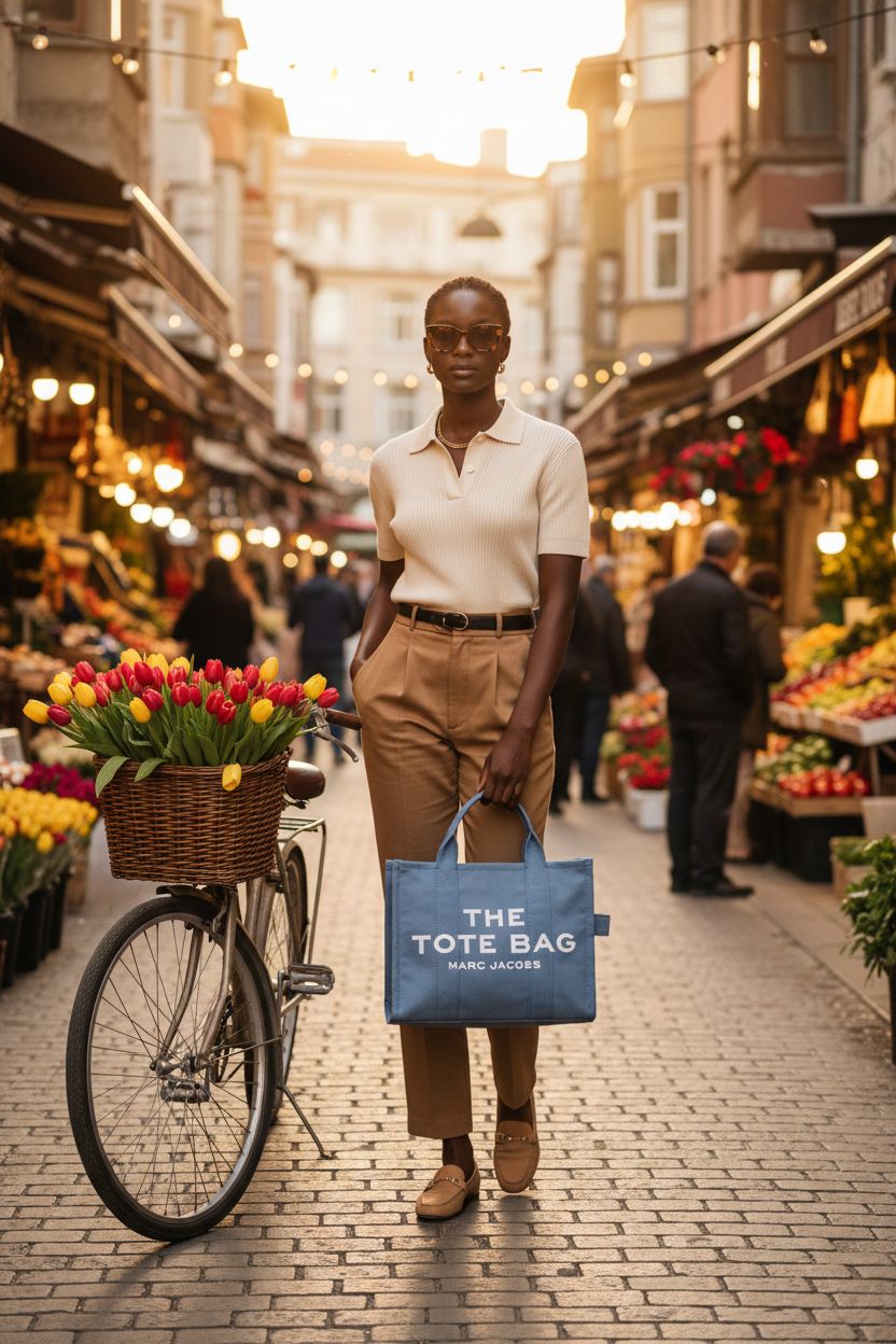Marc Jacobs Blue Shadow tote bag held against warm neutrals in a market setting