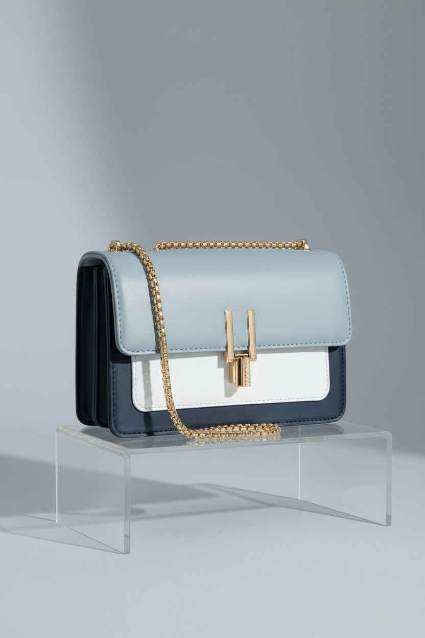 Product shot of a blue color-block handbag by TOP BAND, highlighting its sleek design and details.