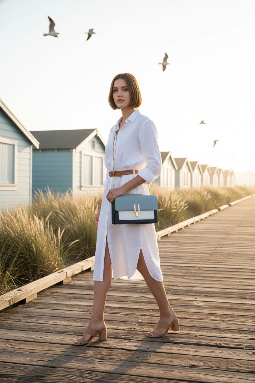 Trendy blue color-block crossbody bag with a gold chain, perfect for coastal strolls by TOP BAND.