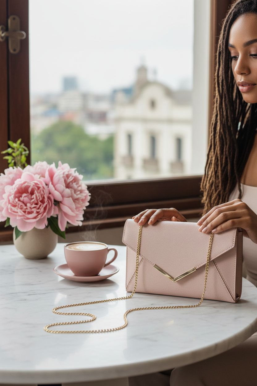 DEXMAY blush clutch resting elegantly next to cappuccino and peonies at breakfast.