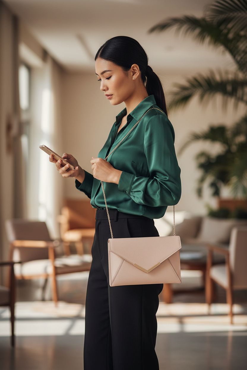 DEXMAY pearl blush envelope clutch handbag in a stylish hotel lounge setting.