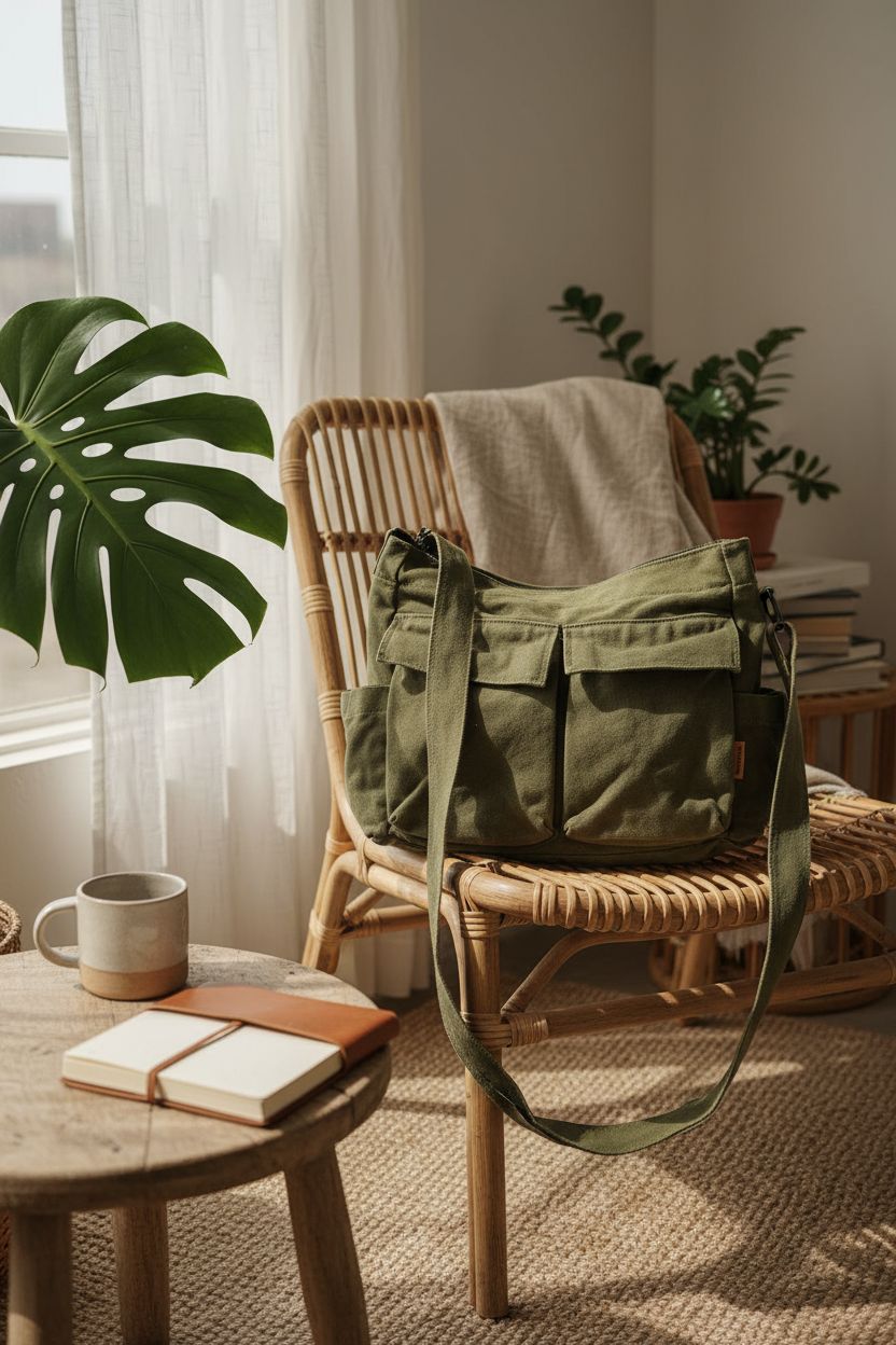 Olive canvas bag resting in a cozy boho corner, ideal for home or casual outings by Yaucher.