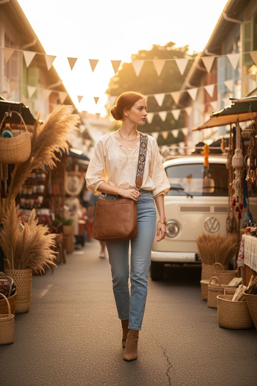 BOSTANTEN brown vegan leather crossbody bag at a vibrant street market, perfect for boho style