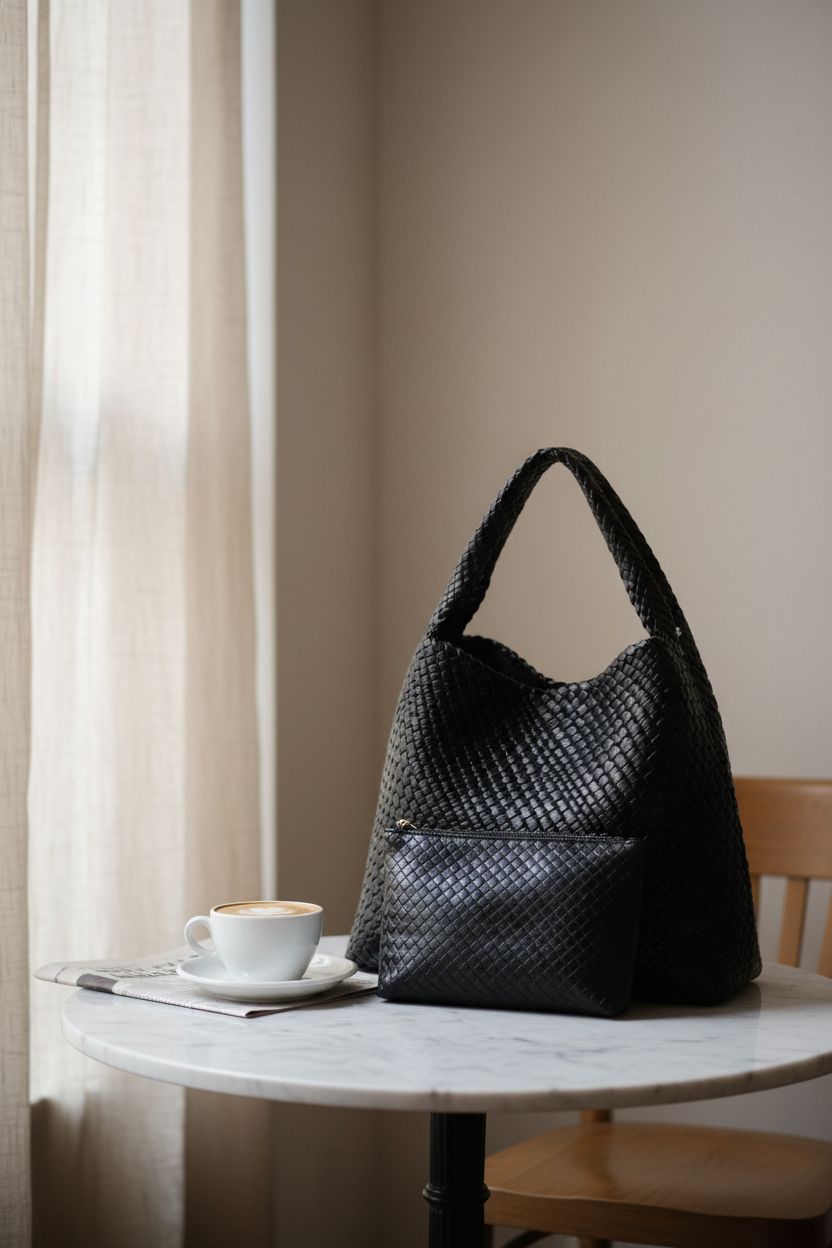 Black braided leather tote by MELOLILA on a marble table in a cozy cafe