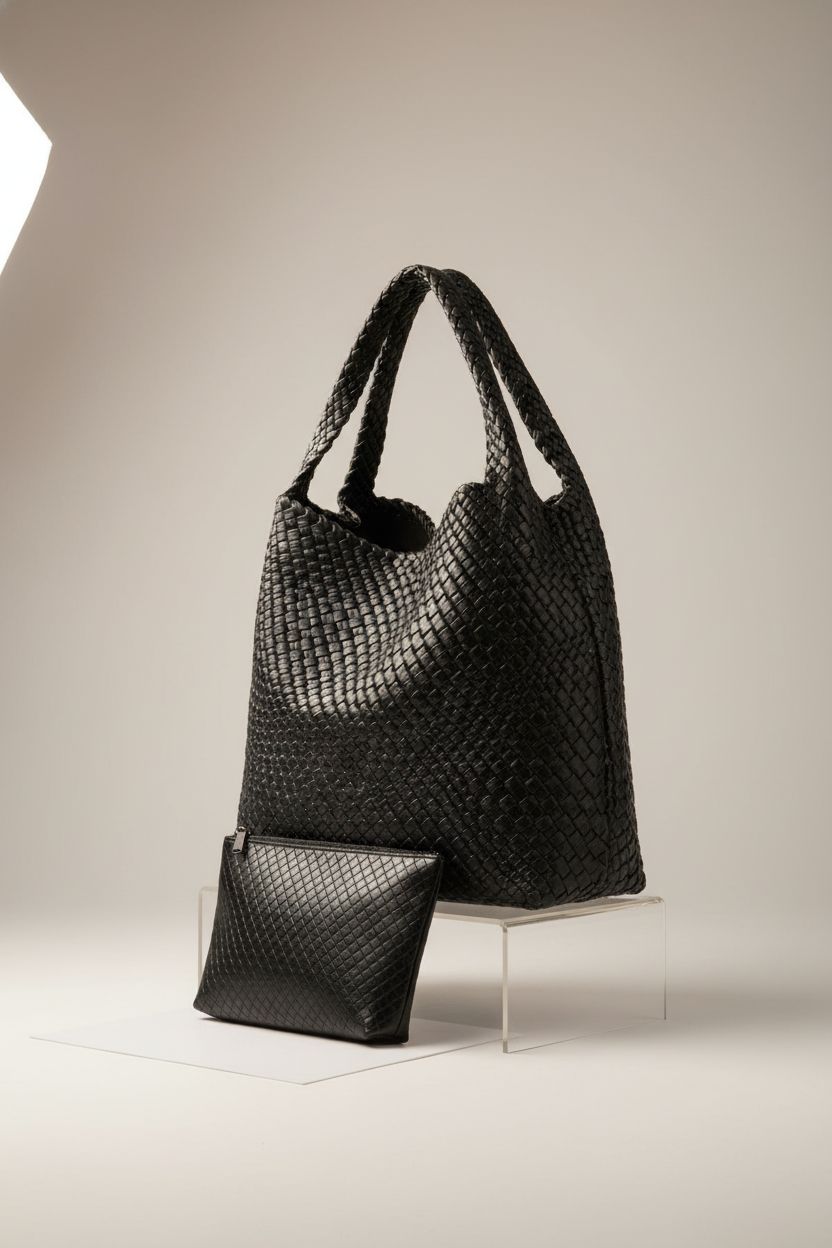 Detailed view of MELOLILA's woven leather tote and clutch on a studio backdrop
