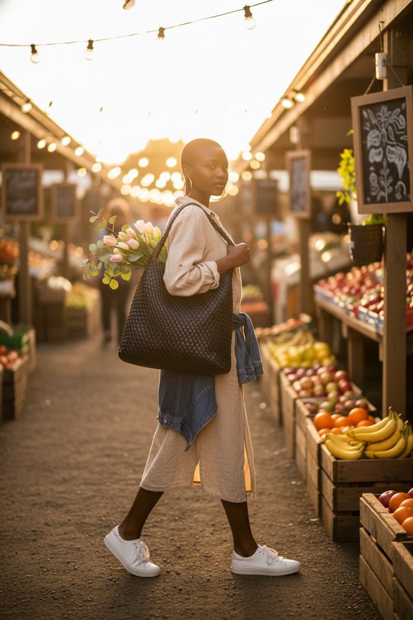 Large black braided leather tote bag by MELOLILA at a vibrant farmers market