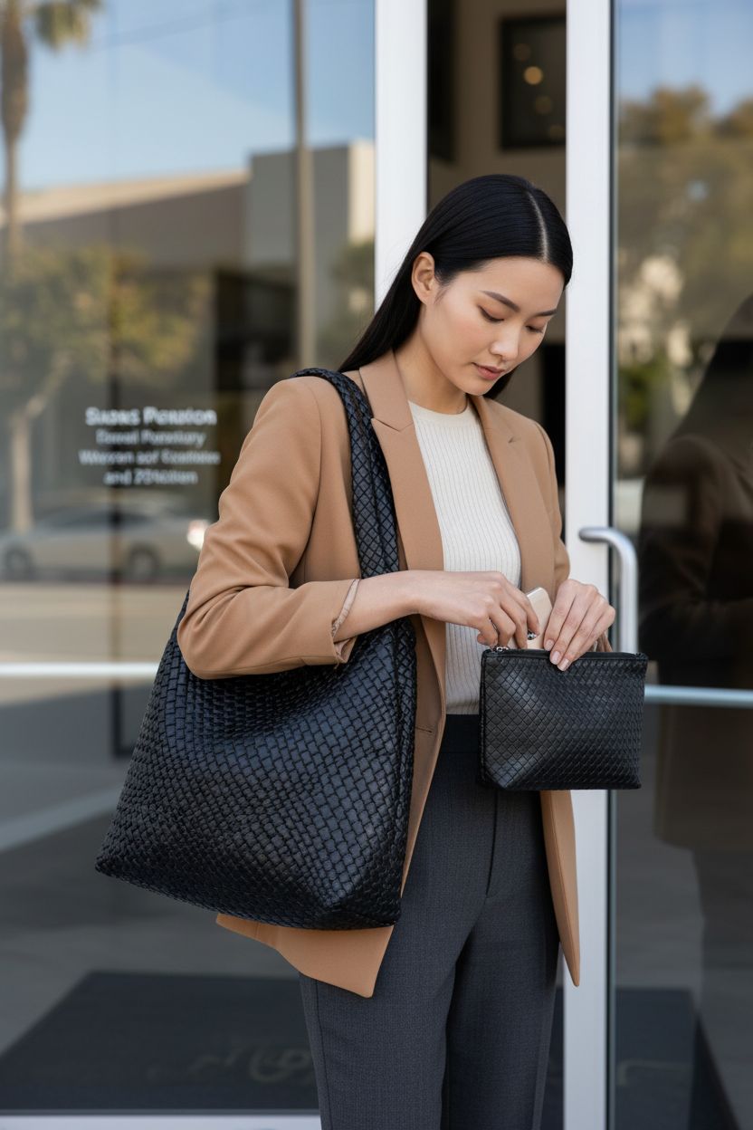 MELOLILA black woven leather tote bag showcased outside an office lobby