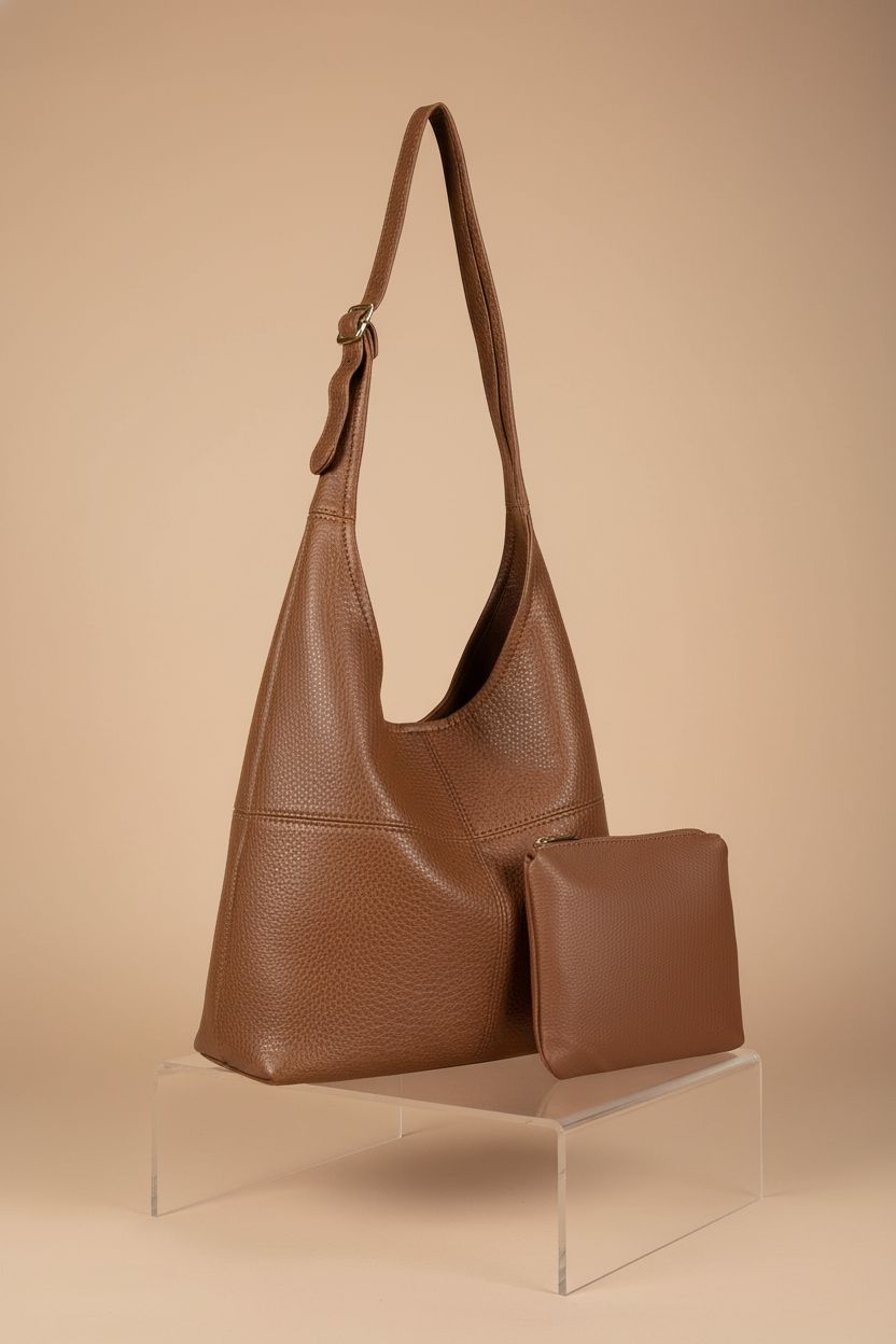 Montana West brown leather hobo bag and matching pouch displayed in a clean studio setting.