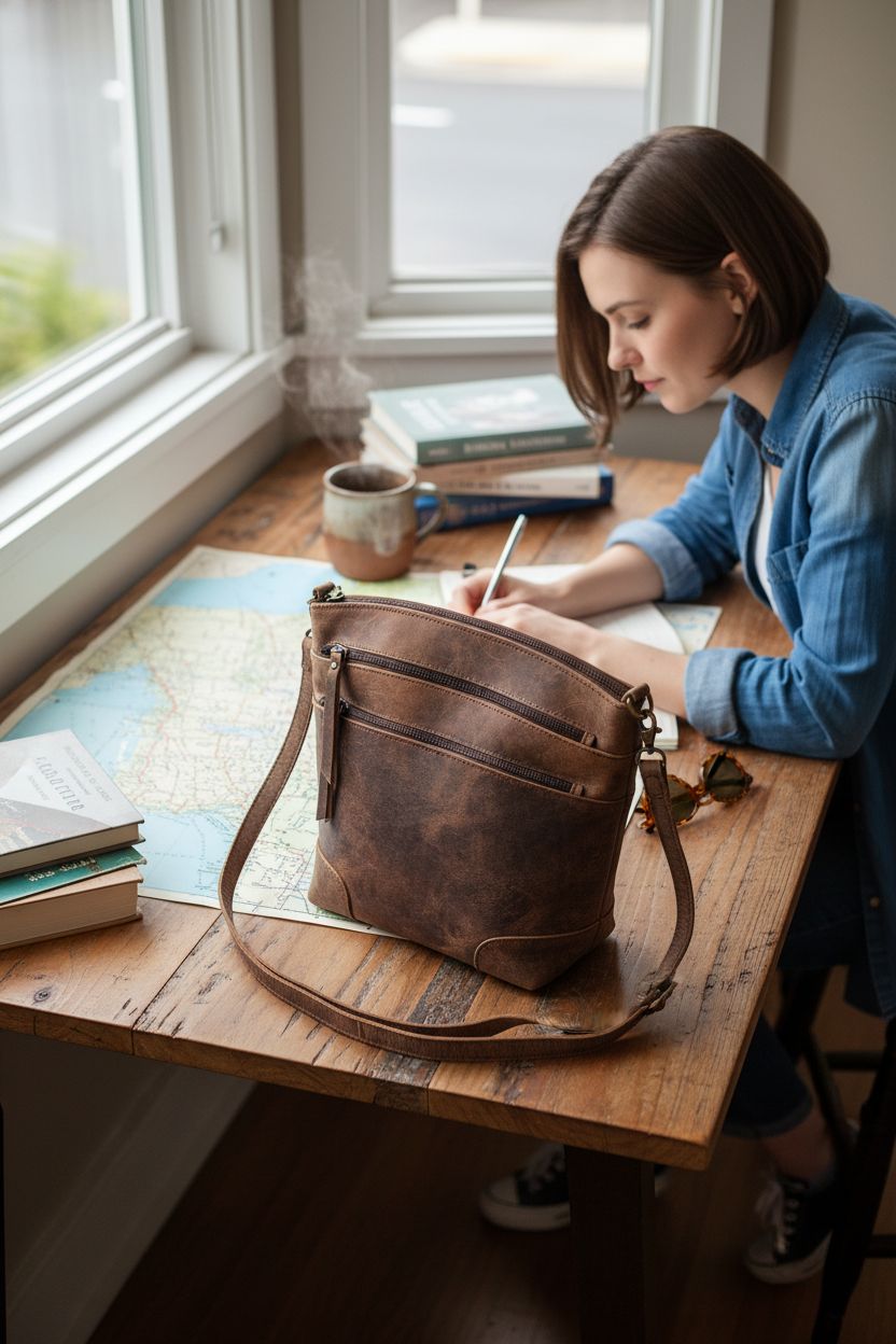 Buffalo leather tote bag on a rustic desk with vintage map, perfect for travel planning.