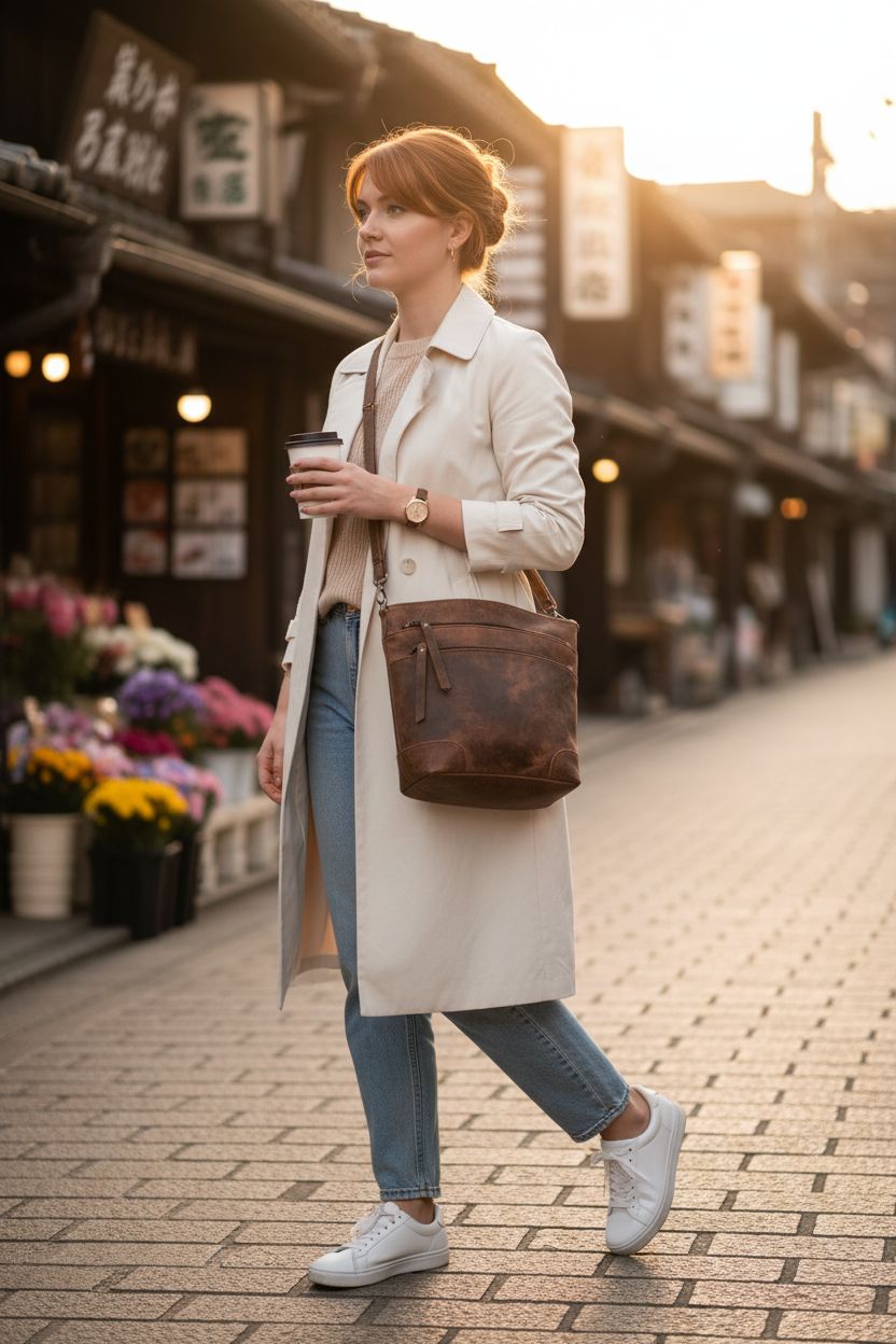 Buffalo leather crossbody bag by Komal's Passion Leather in a vibrant street market setting.