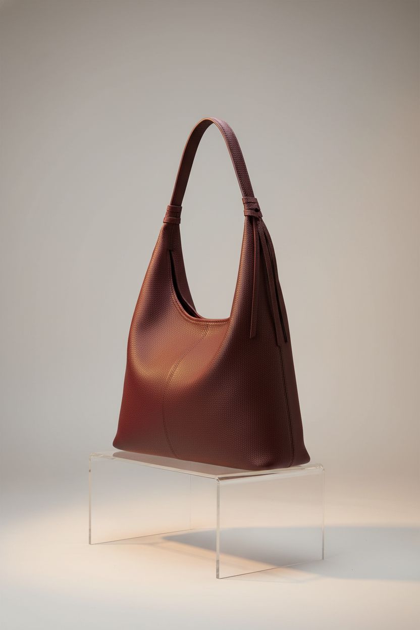 Befen burgundy hobo bag displayed on acrylic riser, highlighting its texture and craftsmanship.