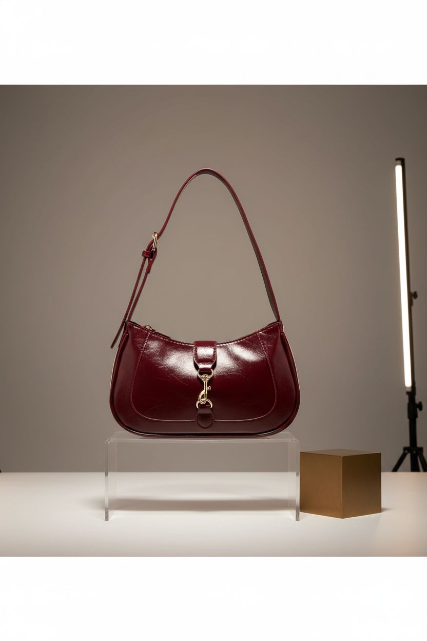 RoseSeek burgundy shoulder bag showcased on gray background, highlighting its PU leather texture and design.