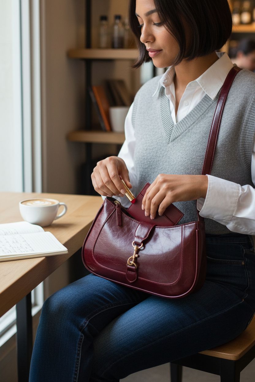Burgundy shoulder bag from RoseSeek resting on lap at café, showcasing elegance and style.