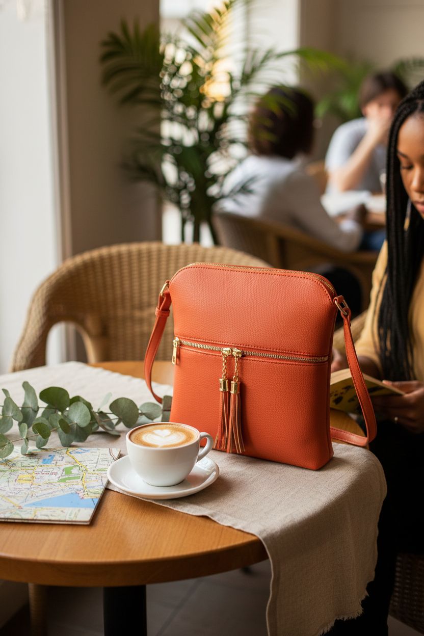 Burnt orange Solene purse on a café table with a cappuccino and map