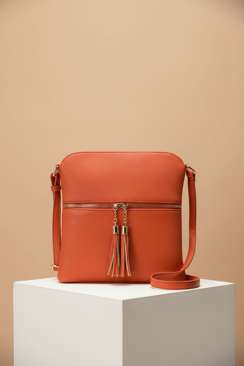 Close-up of the burnt orange Solene purse showcasing its details and design