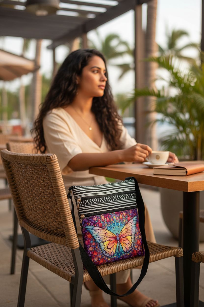 LiuenMgg butterfly purse on a rattan chair at a café, exuding a cozy vibe with a coffee and journal nearby.