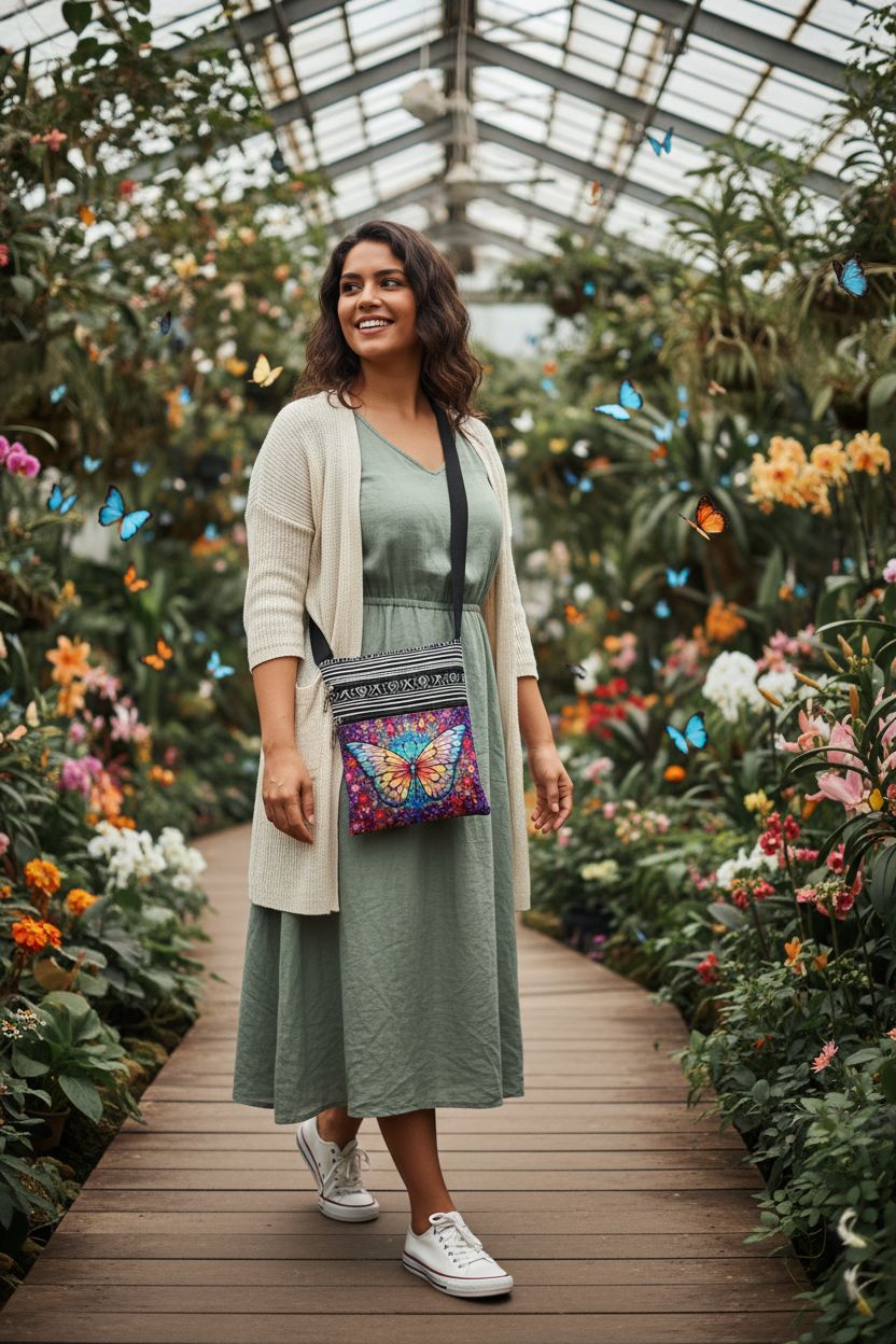 LiuenMgg pink butterfly messenger bag in a butterfly conservatory, showcasing vibrant colors and ethnic trim.