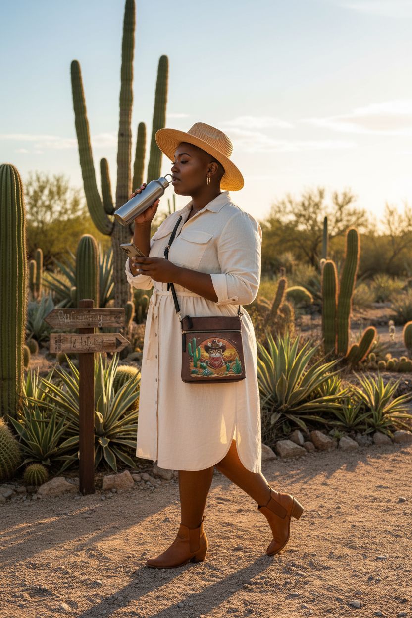 AZULCUSTO cactus leather bag in a desert botanical garden with vibrant colors.