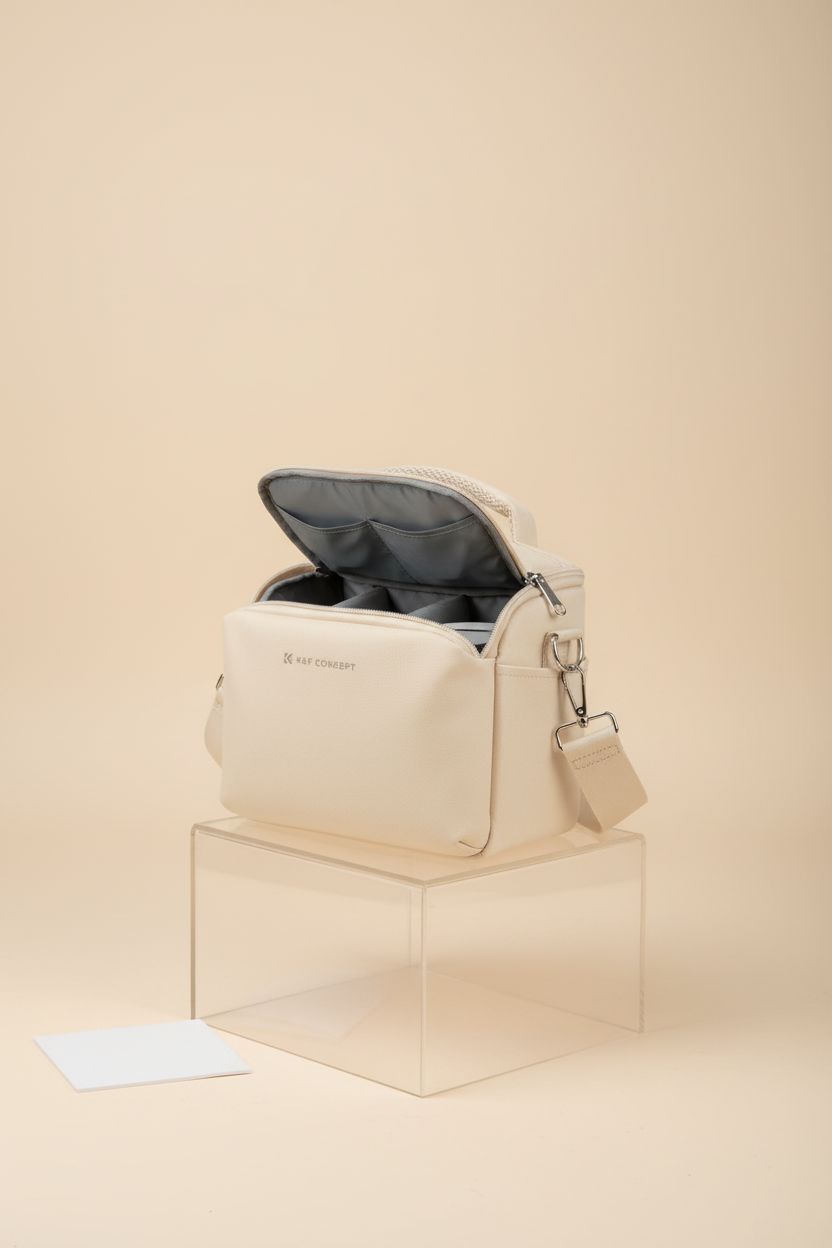 K&F CONCEPT beige camera bag showcasing its sleek design and organization features