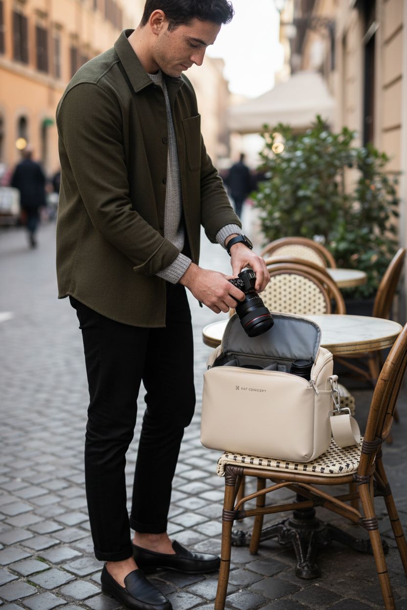 K&F CONCEPT beige camera sling bag open on a bistro table, perfect for photographers
