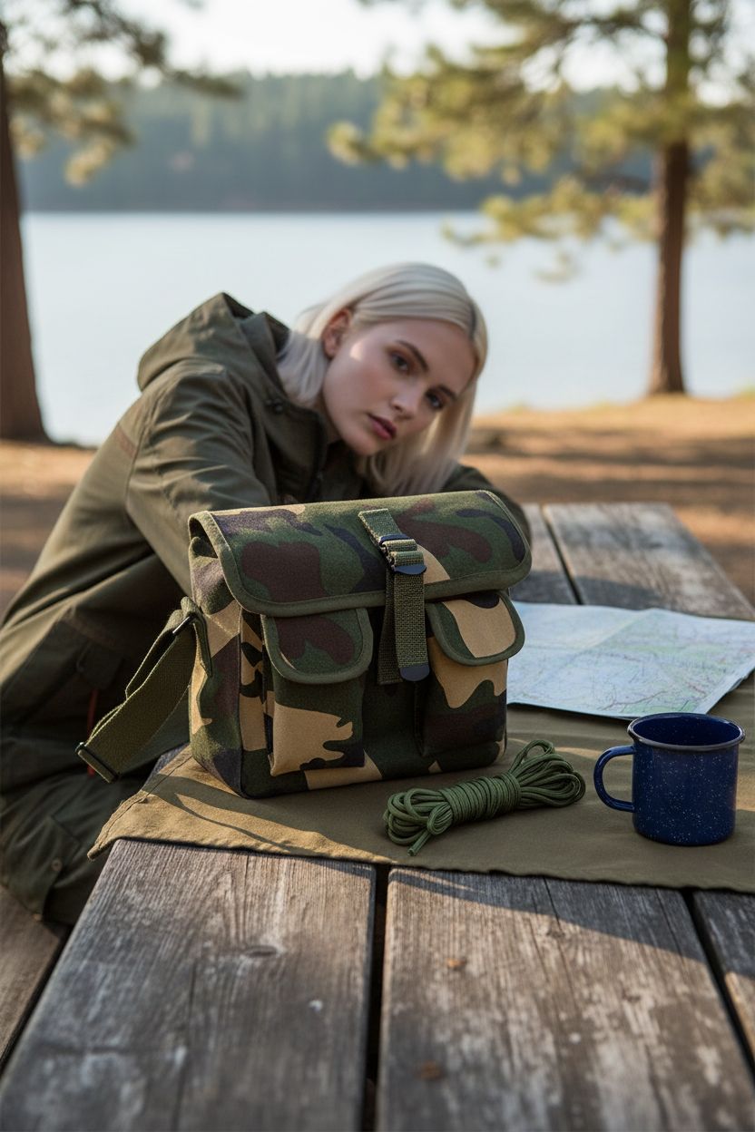 Rothco camo handbag at a picnic, showcasing its outdoor functionality and sturdy design.