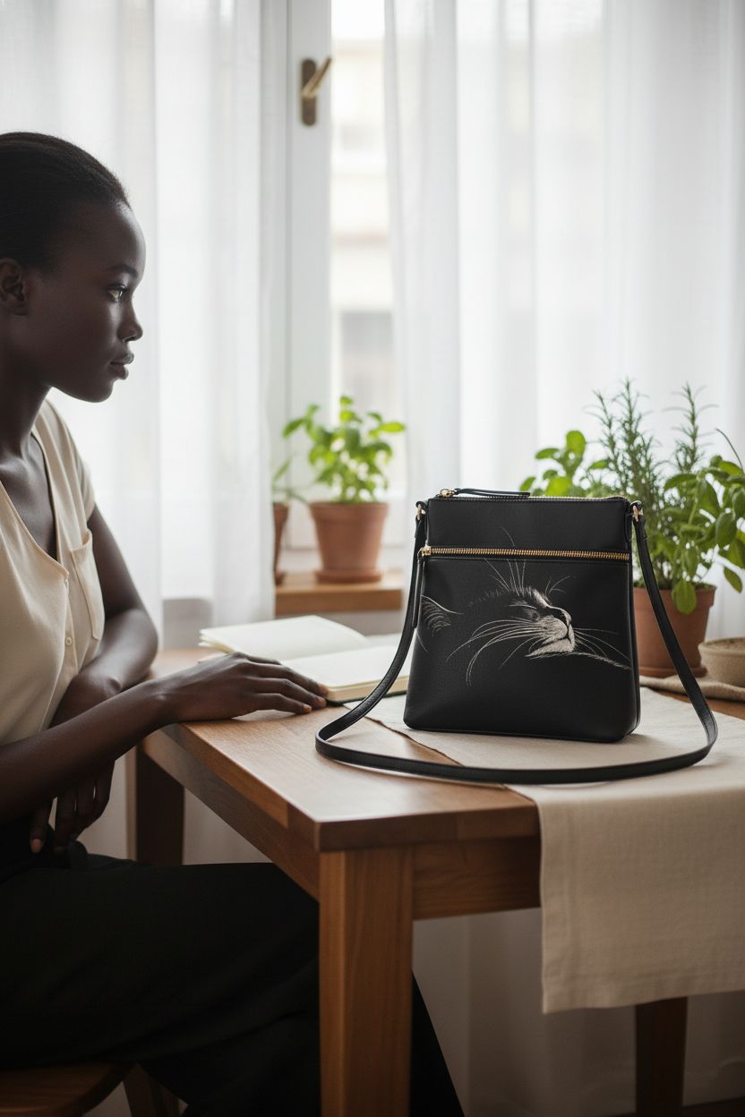 AZULCUSTO cat print purse on a walnut table, creating a serene journaling atmosphere.