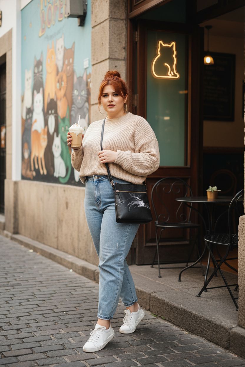 AZULCUSTO cat print purse on a cobblestone street, complementing a cozy café setting.