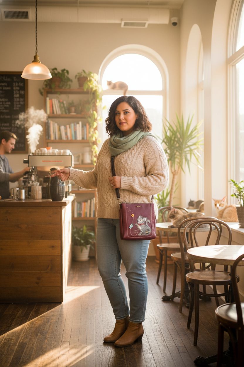CHALA cat purse in a sunlit café, gray faux leather with tabby cat detail, perfect for stylish outings.