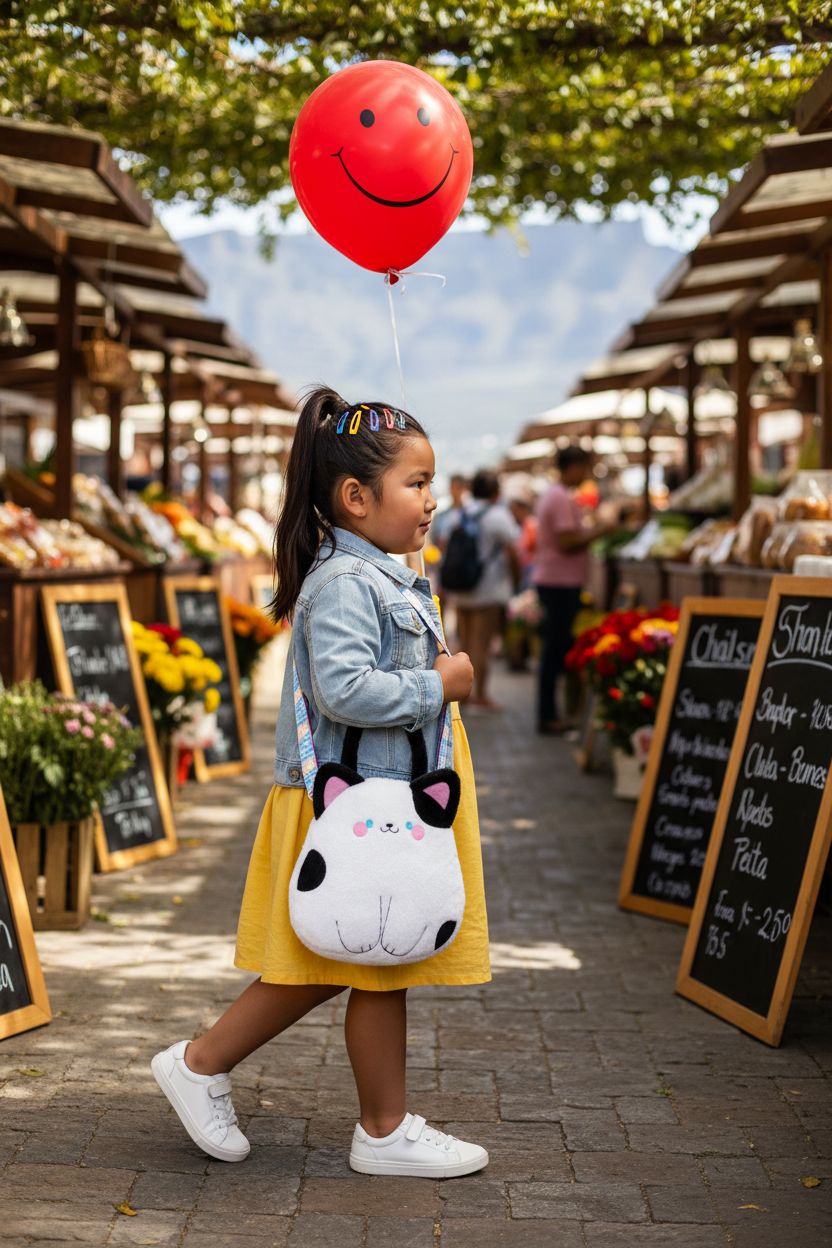 CatchCute cat plush crossbody bag on a sunflower-yellow dress at a market.