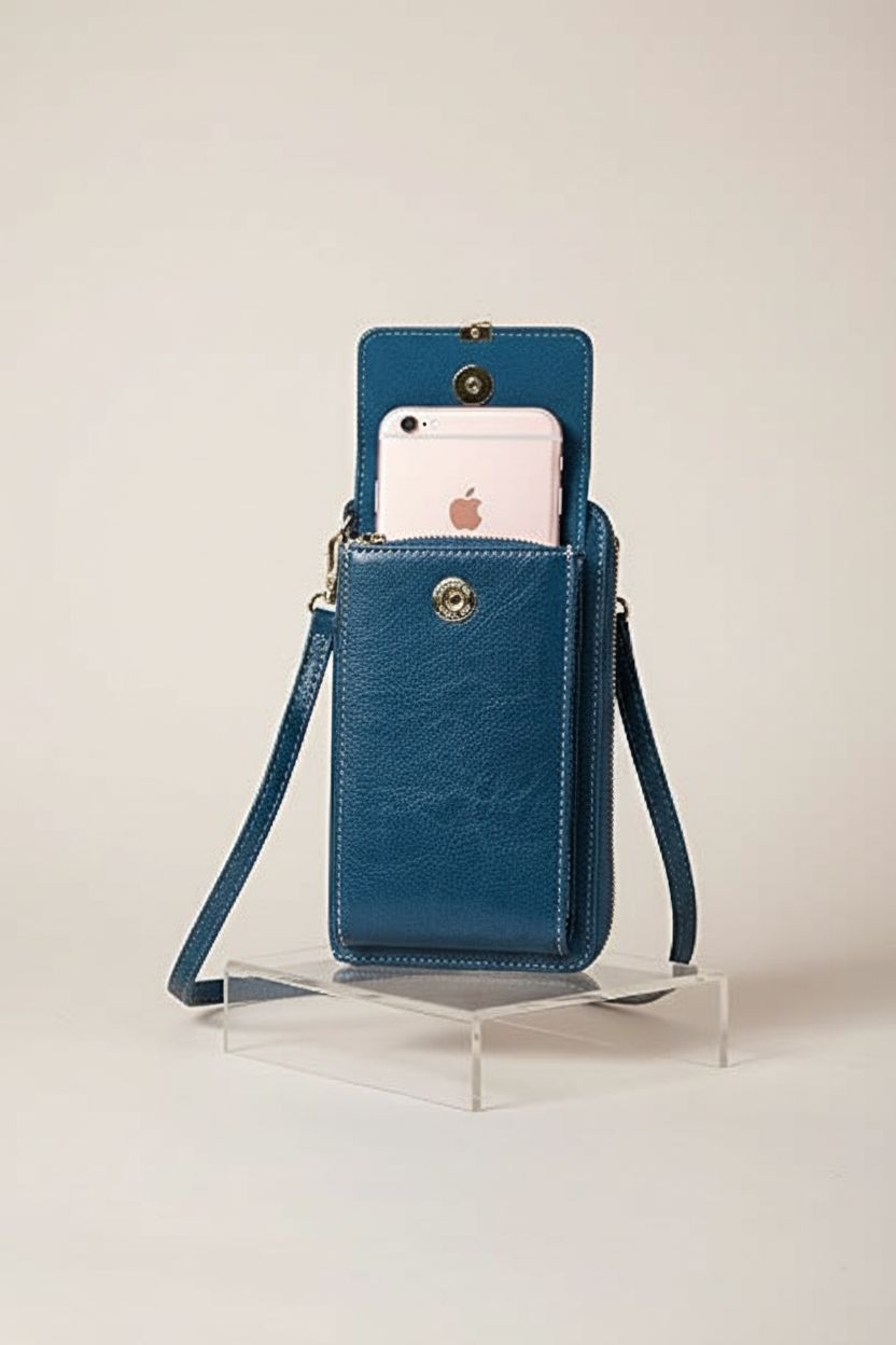 HUANLANG RFID blocking crossbody phone wallet with open flap and phone visible.