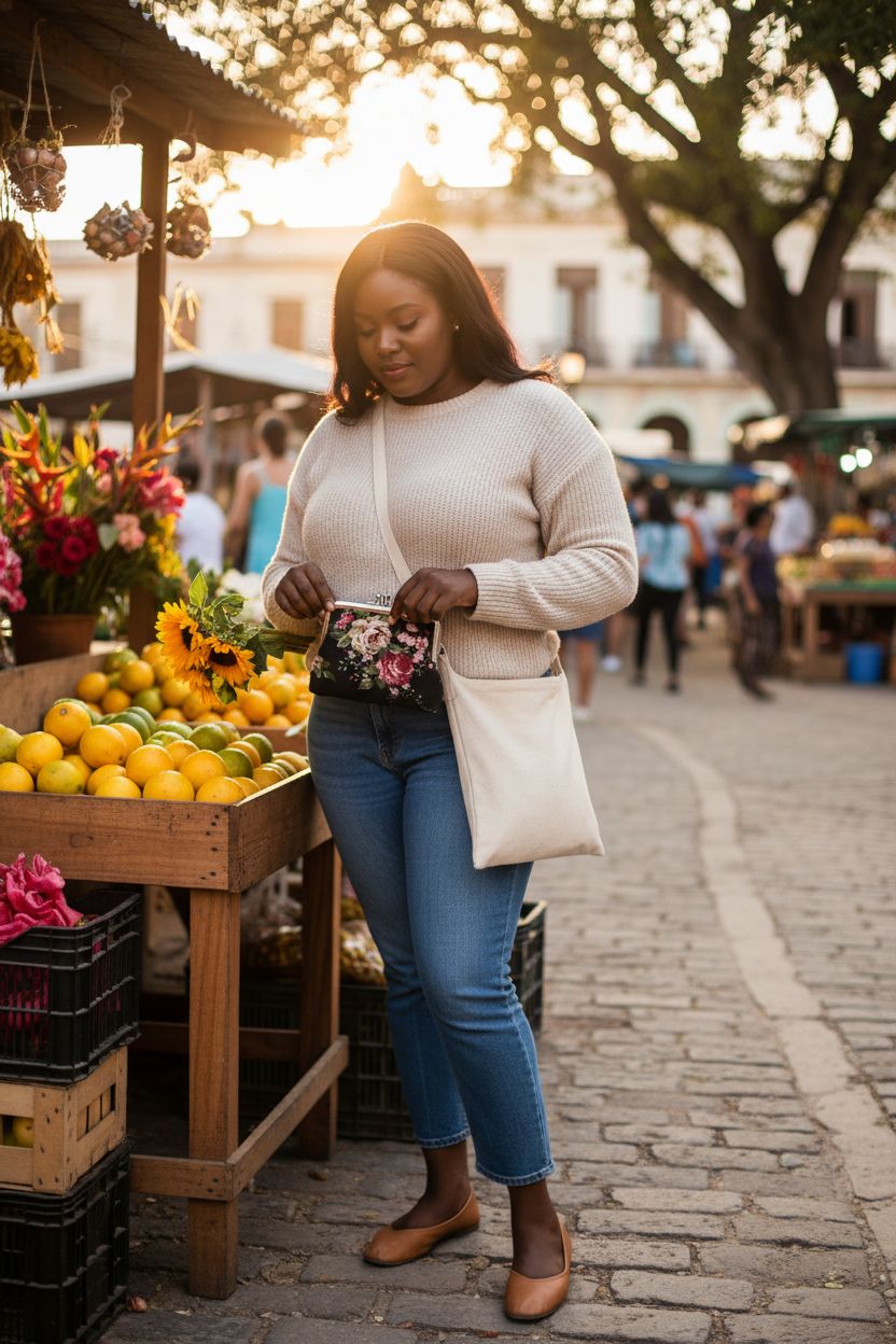 Sanxiner floral change purse in a vibrant market, ideal for quick purchases and essentials.