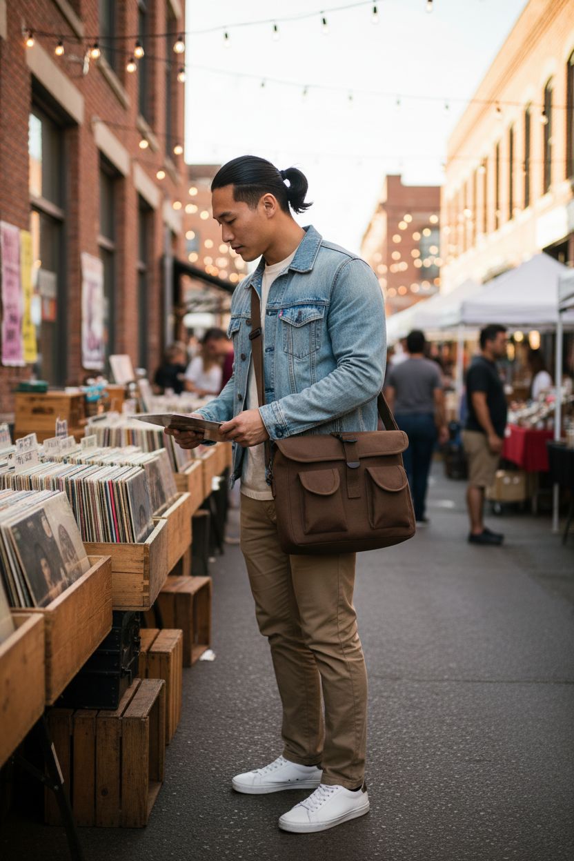 Rothco Canvas Ammo Shoulder Bag worn crossbody at a vibrant street market, ideal for casual outings
