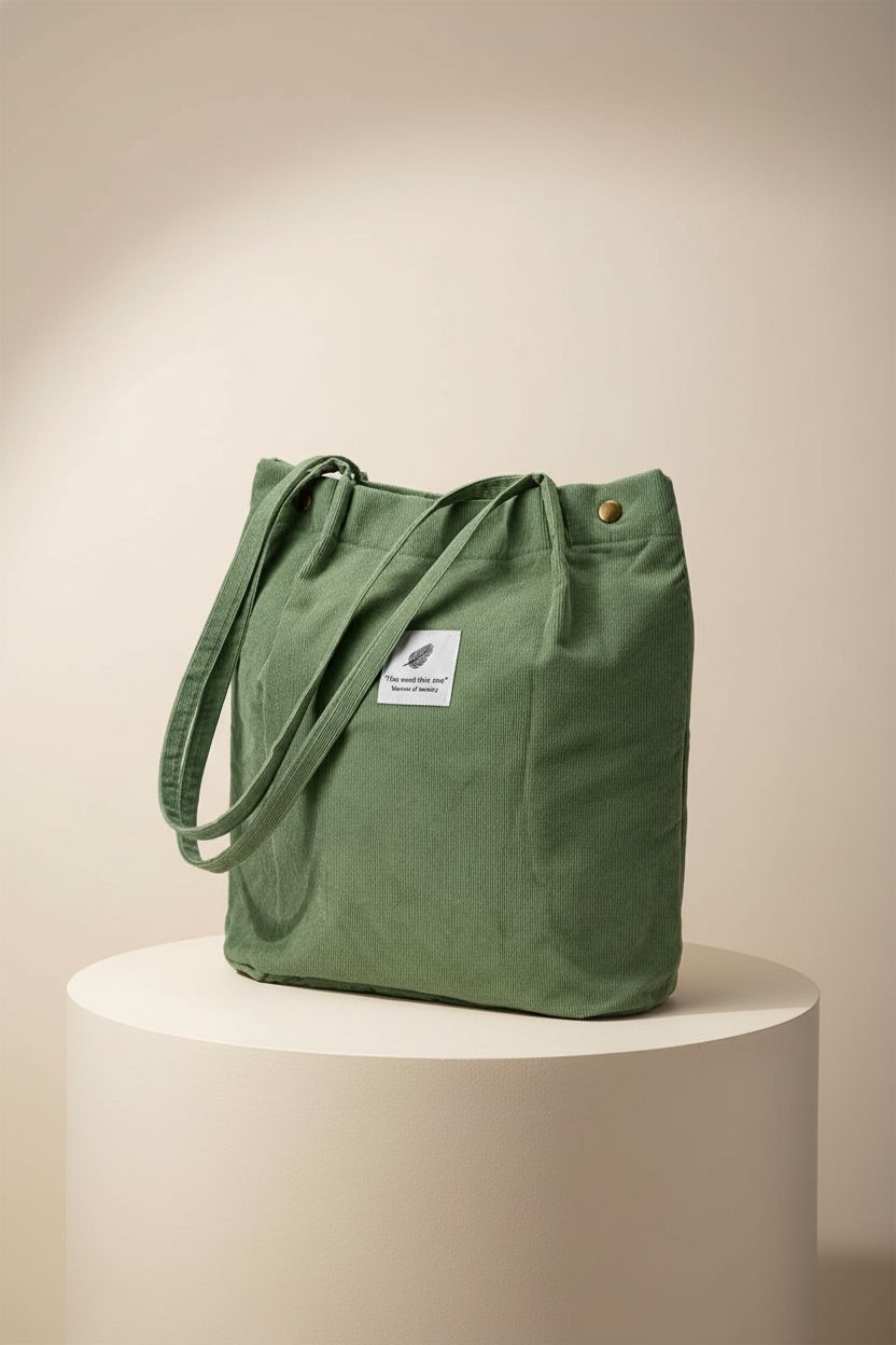 Centered matcha green corduroy tote bag showcasing texture on a clean studio backdrop by TOPASION.