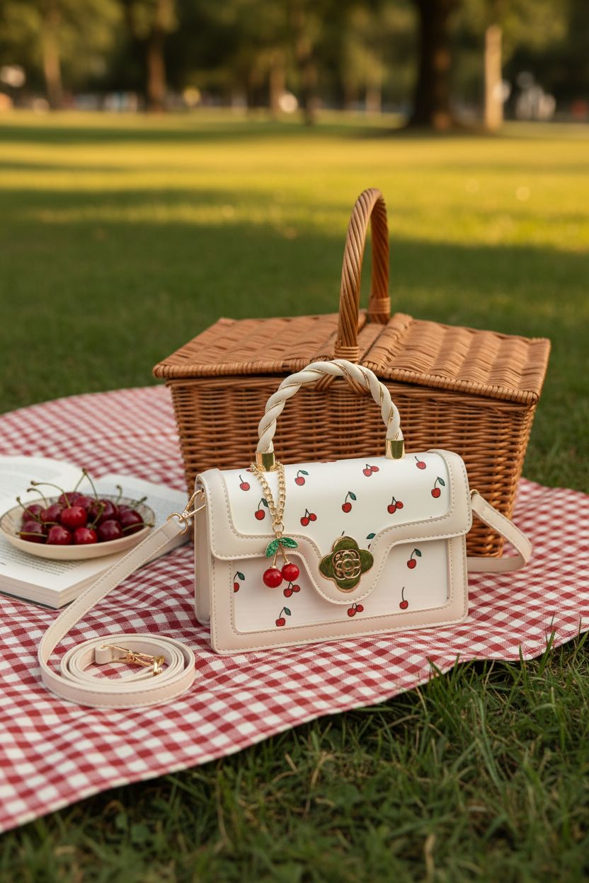 Rungion cherry purse beside a picnic basket on a gingham blanket at sunset