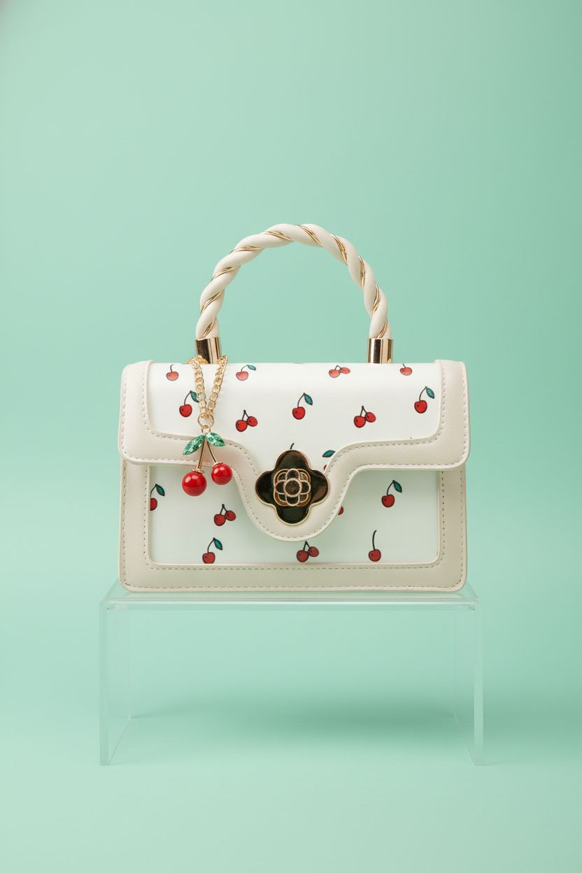 Rungion cherry purse displayed on mint-green background showcasing its design and details
