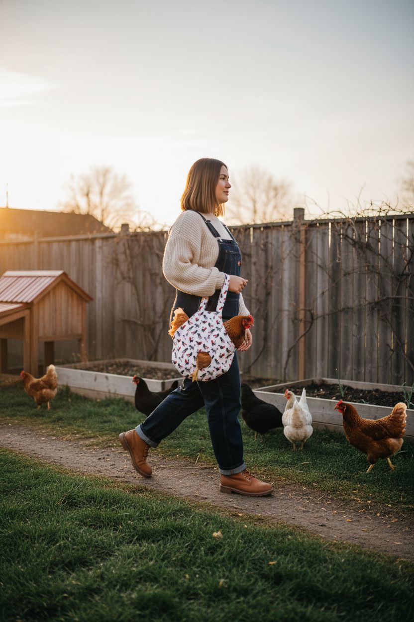 Lnngub chicken purse in hand with a calm hen, showcasing outdoor use in a backyard setting