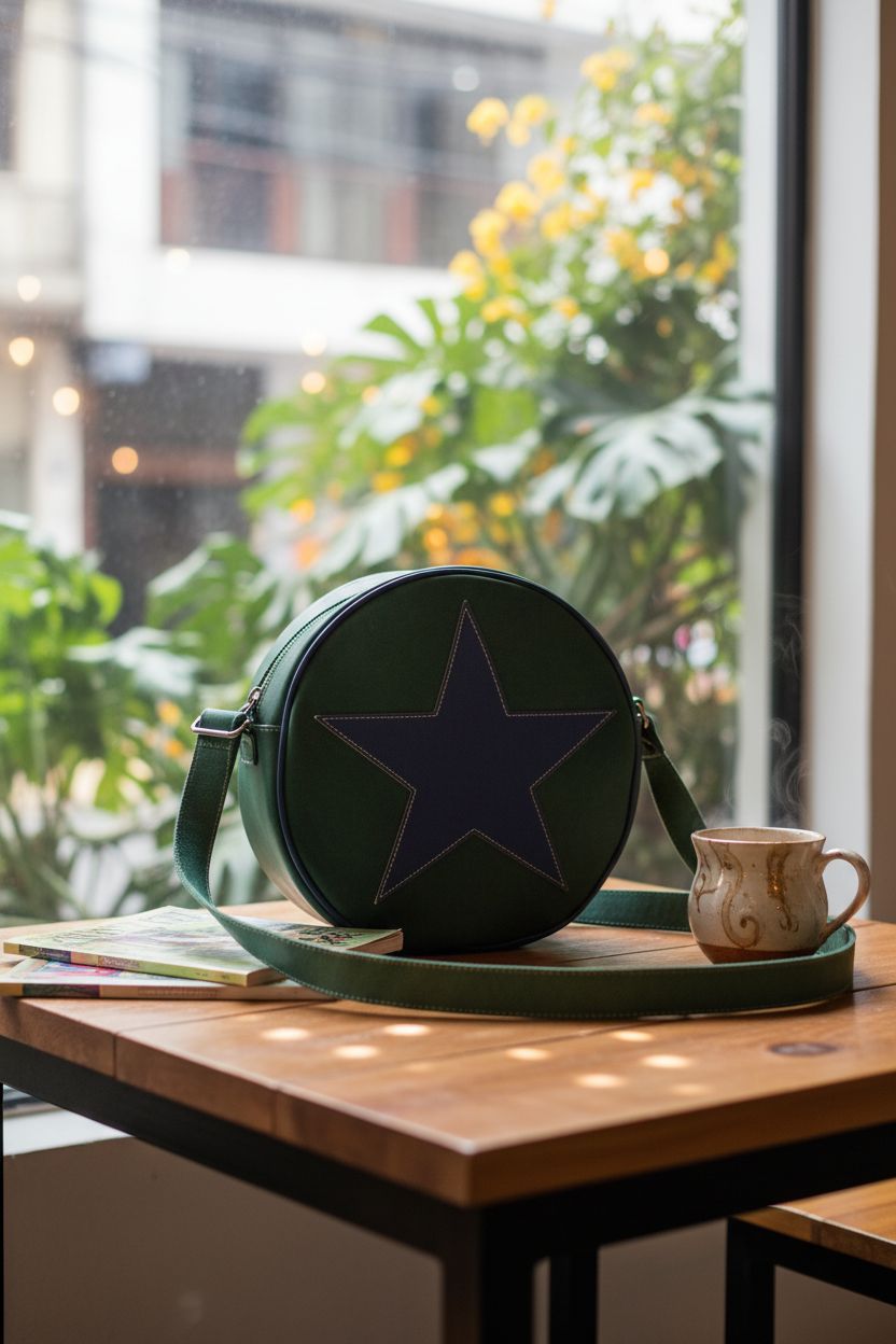 Cozy café scene featuring circle bag beside graphic novels and a mug