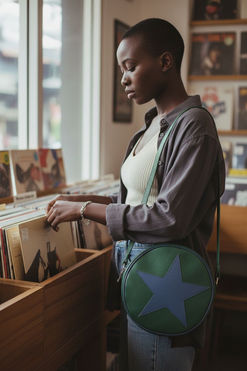 Scott Pilgrim Ramona Flowers star circle messenger bag in indie record shop setting