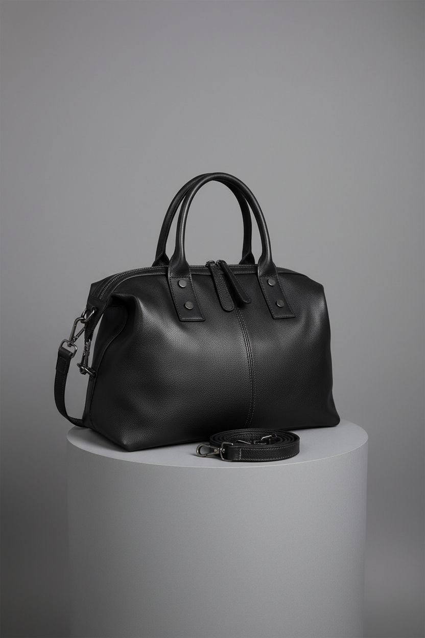 Iswee Classic Satchel Bag on a display stand, highlighting its premium leather and design.